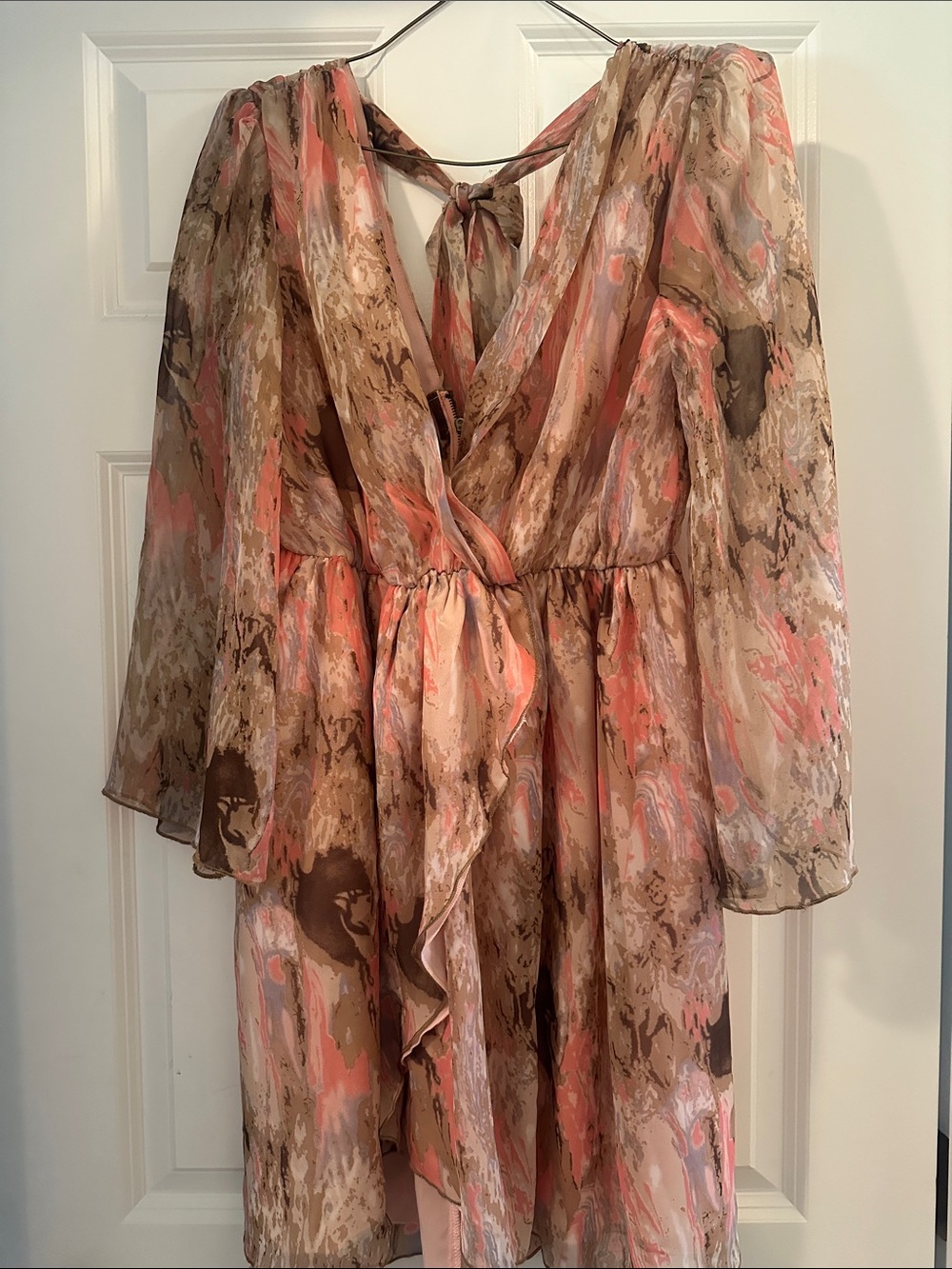 Sheer Long-Sleeve Printed Wrap Dress in Coral and Taupe Hues